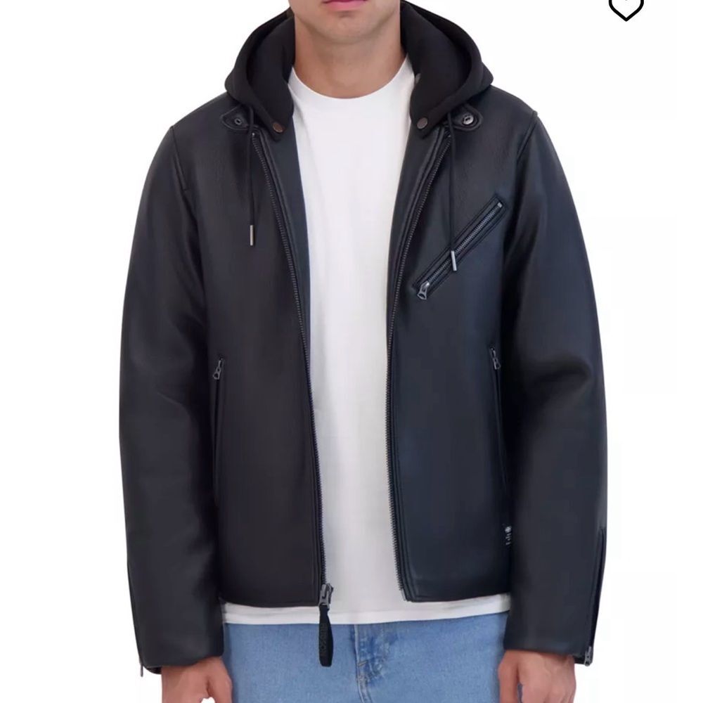 NWT Hudson Black Leather Bomber Jacket with Removable Hood